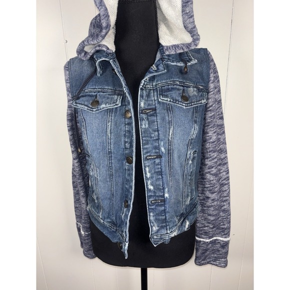 Free People Women's Cotton Denim Jean Woven Knit Sleeves Hoodie Jacket Blue Gray - Picture 2 of 10